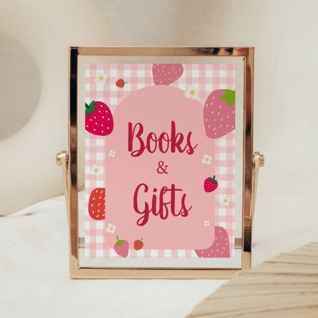 Póster Berry Sweet Gingham Fresas Libros y Regalos (Gingham Strawberry Berry Sweet Baby Shower Books and Gifts Sign)
