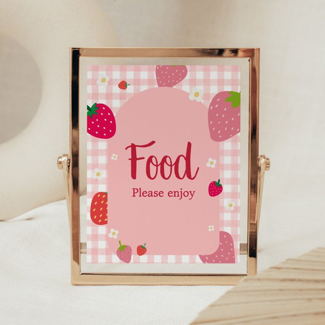 Póster Berry Sweet Gingham Strawberry Baby Shower Food (Gingham Strawberry Berry Sweet Baby Shower Food Sign)