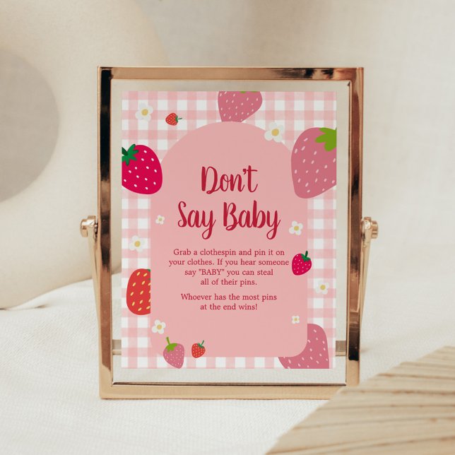Póster Berry Sweet Gingham Strawberry no dice bebé (Gingham Strawberry Berry Sweet Baby Shower Don't Say Baby Sign)
