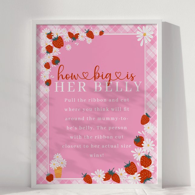Póster Berry Sweet How Big is its Belly Baby Shower Game (Someone Berry Sweet Way Summer Daisy Flower & Strawberry Pink Plaid How Big is Her Belly Baby Shower)