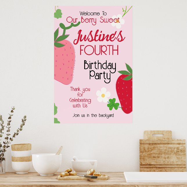 Póster Berry Sweet Strawberry Birthday Party (Cocina)