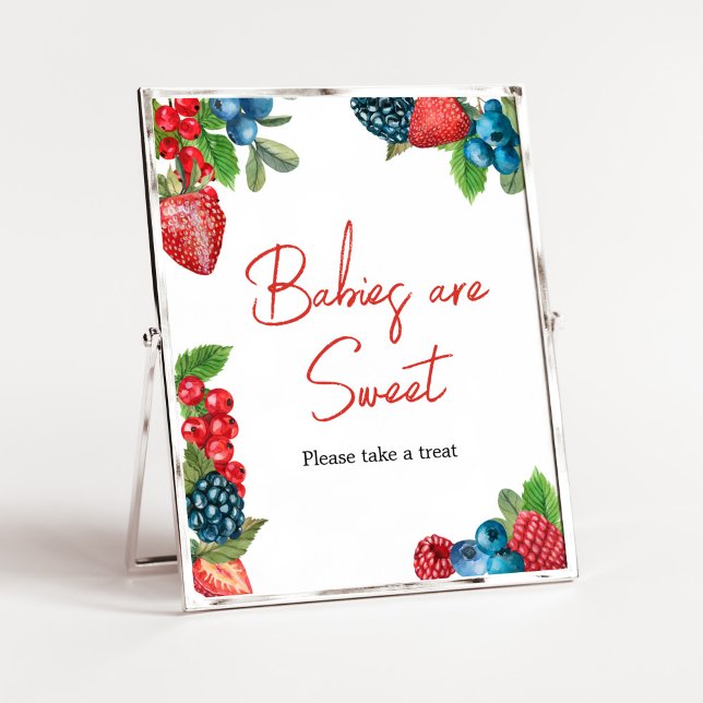 Póster Berry Sweet Summer Baby Shower Los bebés son dulce (Red and Blue Berries Baby Shower Babies are Sweet Sign)
