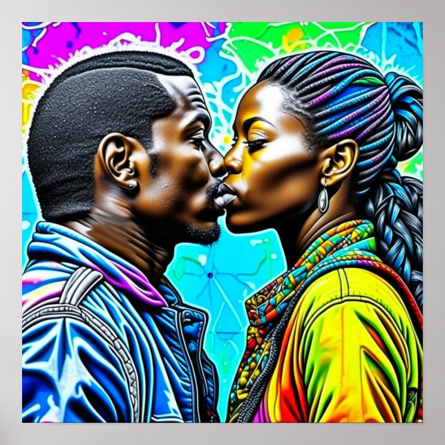 Póster Besada de parejas negras en amor (Frente)