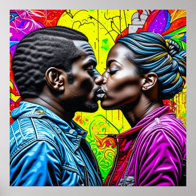 Póster Besada de parejas negras en amor (Frente)