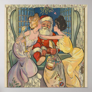 Póster Besando Santa Claus Vintage Christmas