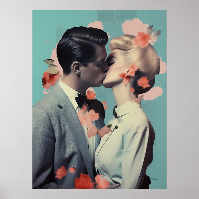 Póster Beso romántico, imprenta, decoración, collage, art (Frente)