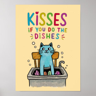 Póster Besos si haces los platos adorables gatos lavándos