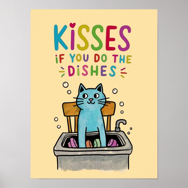 Póster Besos si haces los platos adorables gatos lavándos (Frente)