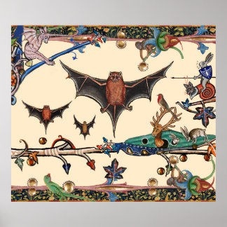 PÓSTER BESTIARIO MEDIEVAL EXTRAÑO, BATES DE VOLACIÓN ANIM