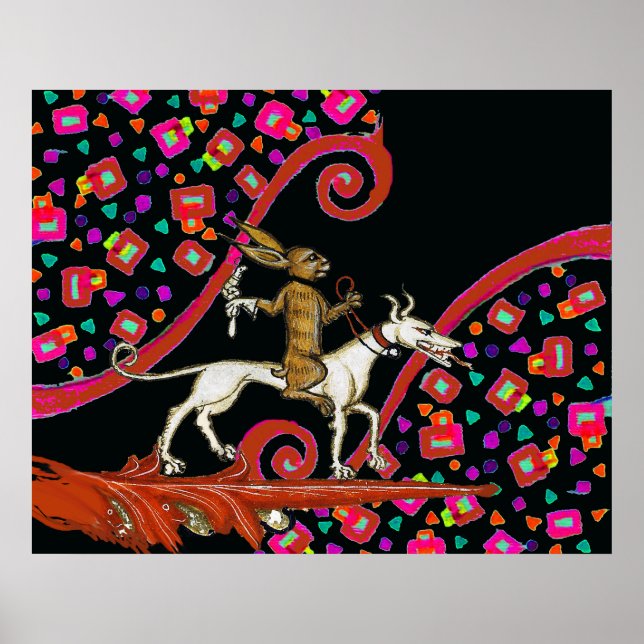 Póster Bestiario medieval extraño Conejo montando un perr (Frente)