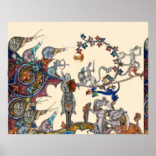 PÓSTER BESTIARIO MEDIEVAL GUERRA, CABALLEROS, CARACOLES G