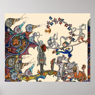PÓSTER BESTIARIO MEDIEVAL GUERRA, CABALLEROS, CARACOLES G