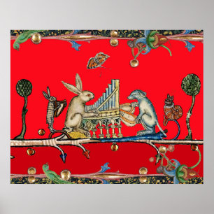 Póster BESTIARIO MEDIEVAL HACIENDO MÚSICA, Conejo, Perro,