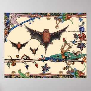 PÓSTER BESTIARIO MEDIEVAL RARO, ANIMALES DEL BOSQUE MURCI
