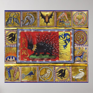 Póster BESTIARIO MEDIEVAL, REY ERIZO NEGRO y ANIMALES