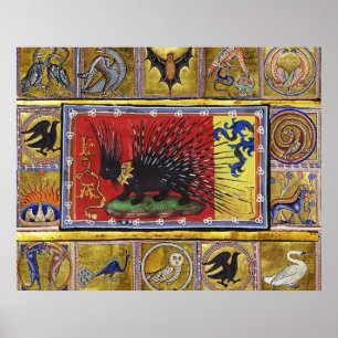 Póster BESTIARIO MEDIEVAL, REY ERIZO NEGRO y ANIMALES 