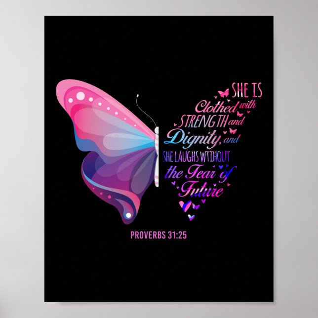 Póster Biblia cristiana versus proverbios 31:25 mariposa (Frente)