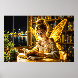 Póster Biblioteca acogedora de las alas doradas del hada