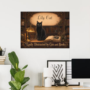 Póster Biblioteca acogedora personalizada de gata bruja y