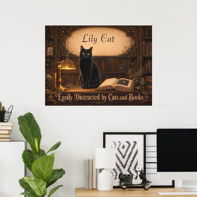 Póster Biblioteca acogedora personalizada de gata bruja y (Oficina en casa)