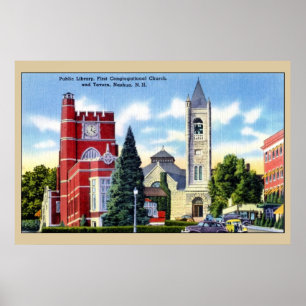 Póster Biblioteca Pública, Iglesia, Taberna, Nashua NH
