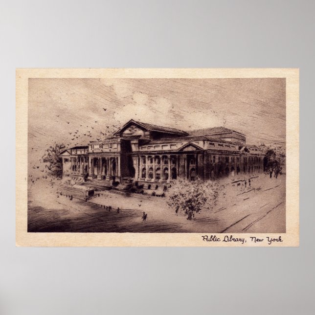 Póster Biblioteca Pública, New York City Vintage (Frente)