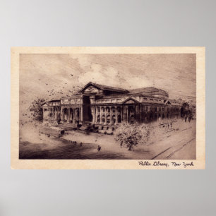 Póster Biblioteca pública, vintage de New York City