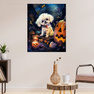 Póster Bichon Frise de Halloween con calabazas espeluznan