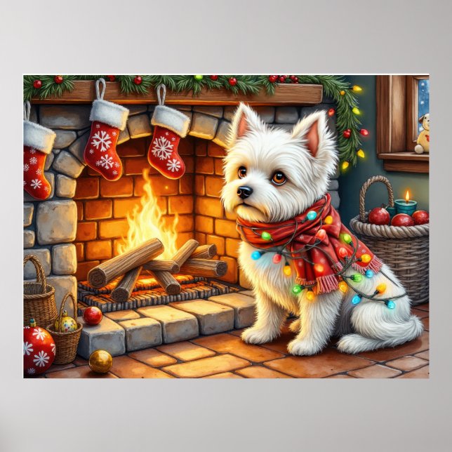 Póster Bichon Frise Fireplace with Christmas Lights (Frente)
