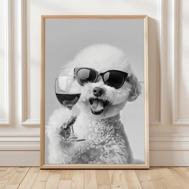 Póster Bichon Frise Holding Wine Wall Art, Black and Whit (Subido por el creador)