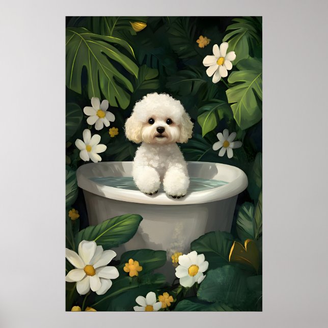 Póster Bichon Frise In Bathtub Poster, Funny Dog Poster (Frente)