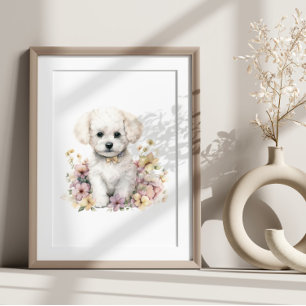 Póster Bichon Frise Puppy Mascota Flor acuarela