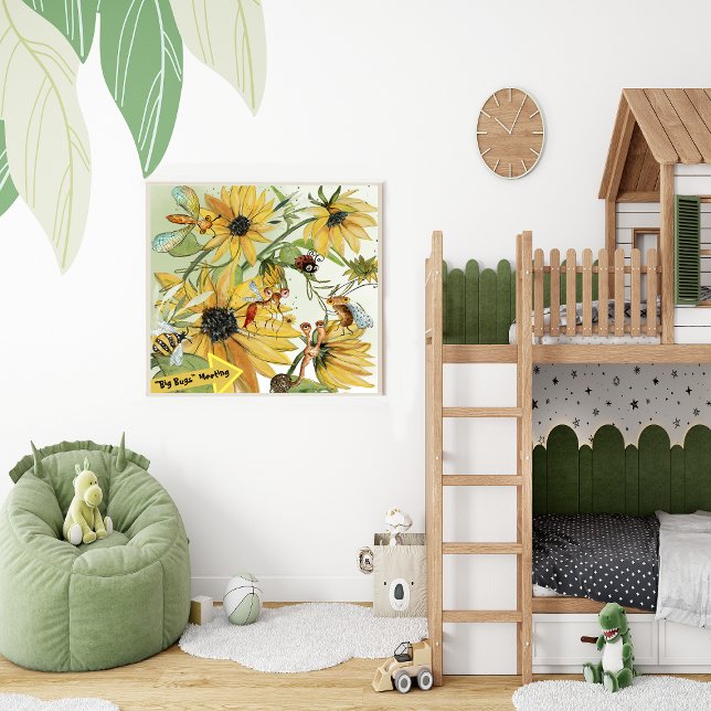 Póster Bichos en Campo de Girasoles (Bugs In sunflower field , big meeting for insect, kid's room decor)