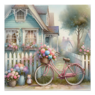 Póster Bici de Flor Rosa en la Puerta de la Cabaña Azul