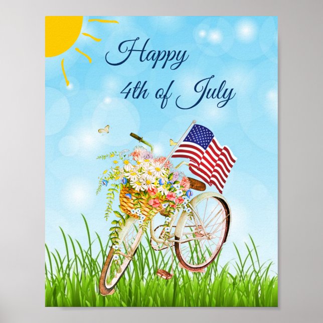 Póster Bici feliz 4 de julio con bandera   (Frente)