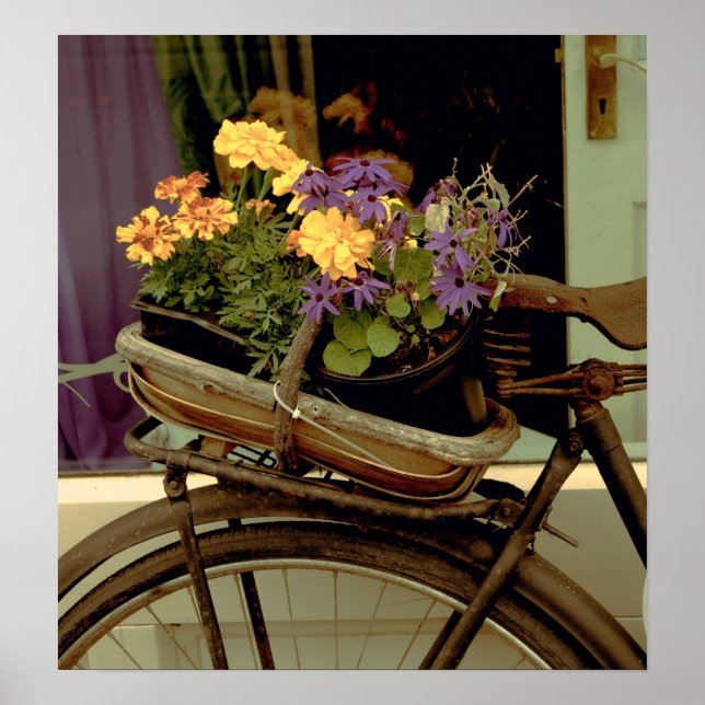 Póster Bicicleta antigua y flores (Frente)