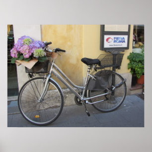 Póster Bicicleta con canasta de hortensias