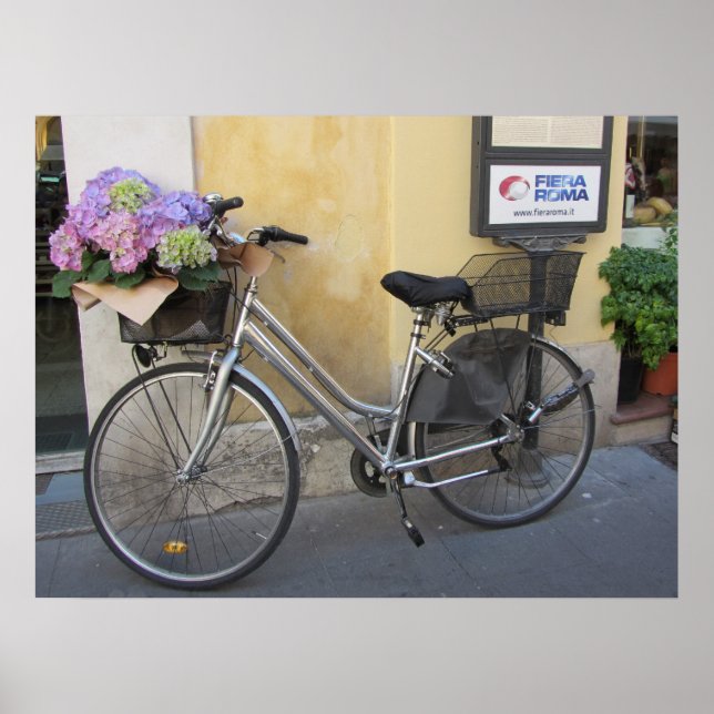 Póster Bicicleta con canasta de hortensias (Frente)