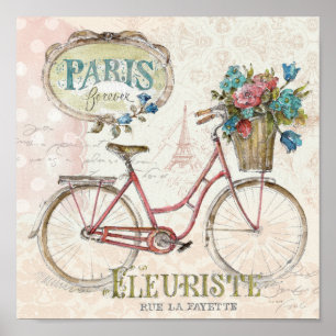 Póster Bicicleta de París con flores en frente