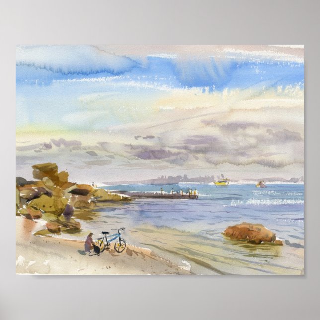 Póster Bicicleta junto a una tranquila playa de conchas d (Frente)