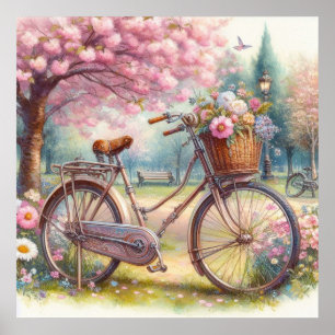 Póster Bicicleta vintage con flores en la acuarela del pa