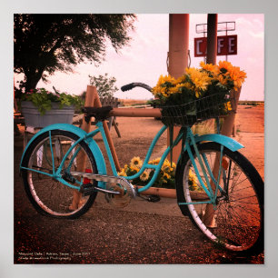 Póster Bicicleta y girasoles en el café del punto