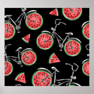 Póster Bicicletas con ruedas de sandía, patrón de verano.