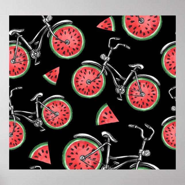 Póster Bicicletas con ruedas de sandía, patrón de verano. (Frente)