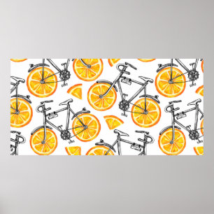 Póster Bicicletas con ruedas naranjas. Mano de agua 