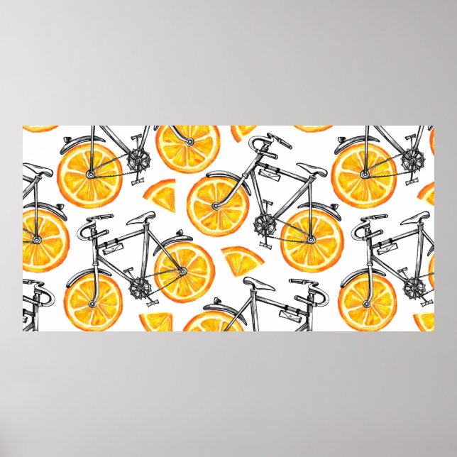 Póster Bicicletas con ruedas naranjas. Mano de agua  (Frente)