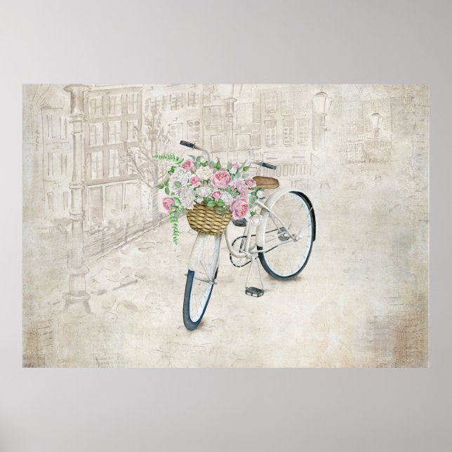 Póster Bicicletas de época con cesta de rosas (Frente)