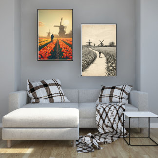 Póster Bicycle through Tulip Fields – Dutch Countryside 