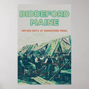 Póster Biddeford Maine EE. UU., escena de pesca vintage