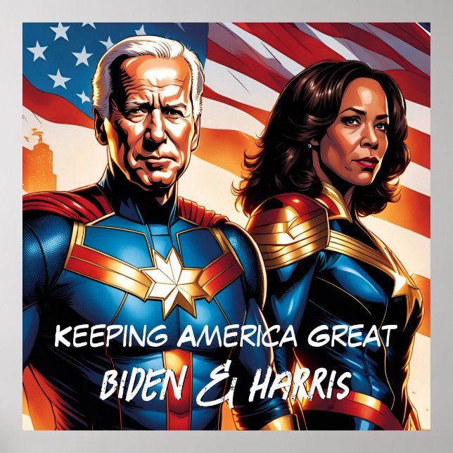 Póster Biden superhéroe y Harris mantienen a Estados Unid (Frente)